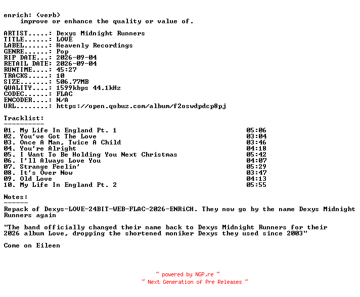 NFO for the release Dexys_Midnight_Runners-LOVE-REPACK-24BIT-WEB-FLAC-2026-ENRiCH by ENRiCH