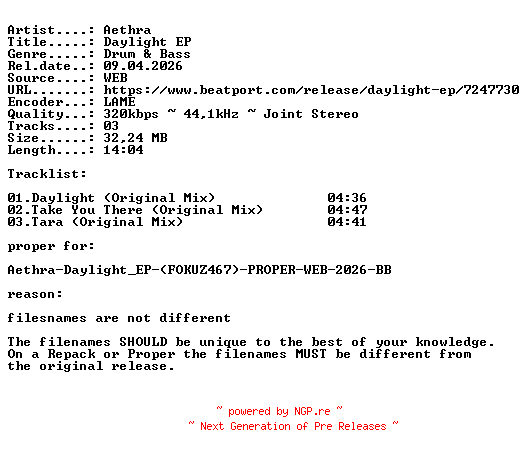 NFO for the release Aethra-Daylight_EP-(FOKUZ467)-PROPER-WEB-2026-IND by IND