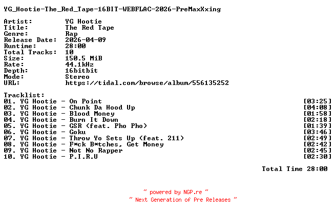 NFO for the release YG_Hootie-The_Red_Tape-16BIT-WEBFLAC-2026-PreMaxXxing by PreMaxXxing