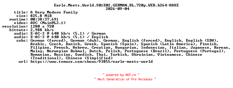NFO for the release Earle.Meets.World.S01E02.GERMAN.DL.720p.WEB.h264-HAXE by HAXE