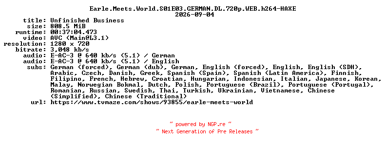 NFO for the release Earle.Meets.World.S01E03.GERMAN.DL.720p.WEB.h264-HAXE by HAXE
