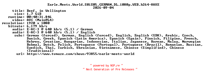 NFO for the release Earle.Meets.World.S01E05.GERMAN.DL.1080p.WEB.h264-HAXE by HAXE