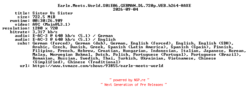 NFO for the release Earle.Meets.World.S01E06.GERMAN.DL.720p.WEB.h264-HAXE by HAXE