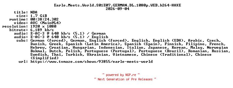 NFO for the release Earle.Meets.World.S01E07.GERMAN.DL.1080p.WEB.h264-HAXE by HAXE