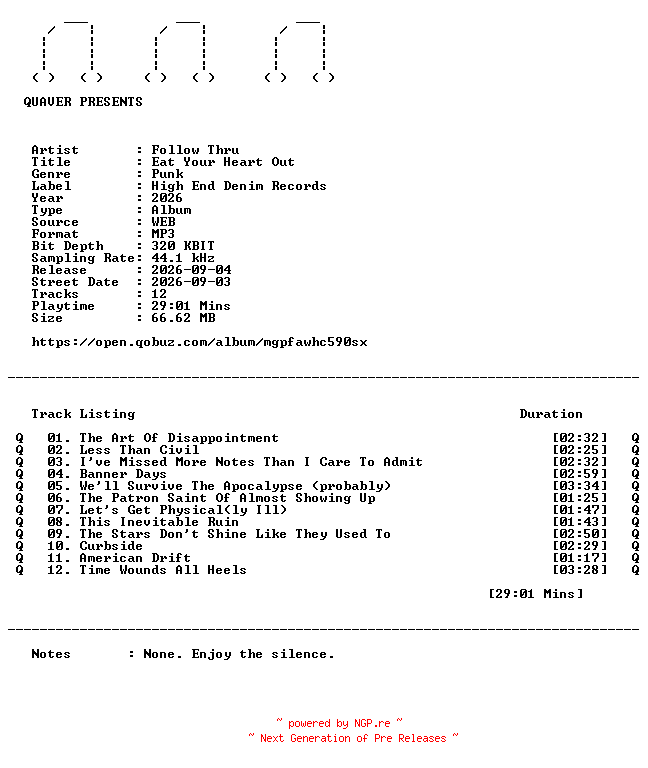 NFO for the release Follow_Thru-Eat_Your_Heart_Out-WEB-2026-QUAVER by QUAVER