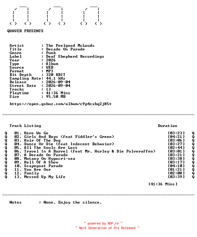 NFO for the release The_Feelgood_McLouds-Decade_On_Parade-WEB-2026-QUAVER by QUAVER