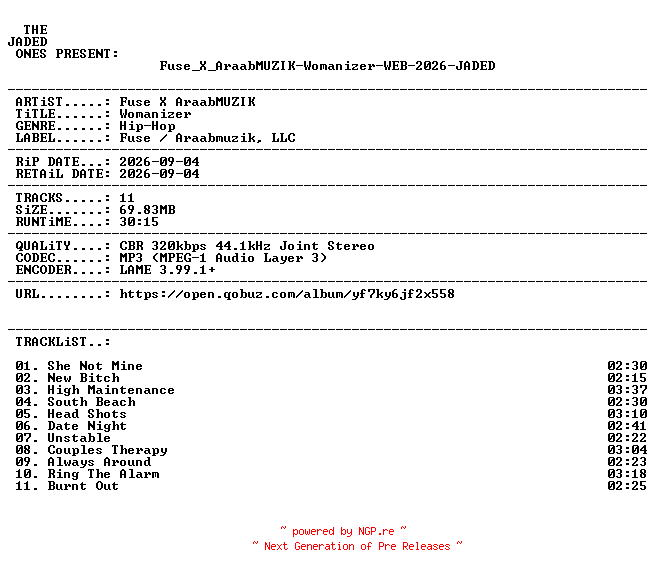 NFO for the release Fuse_X_AraabMUZIK-Womanizer-WEB-2026-JADED by JADED