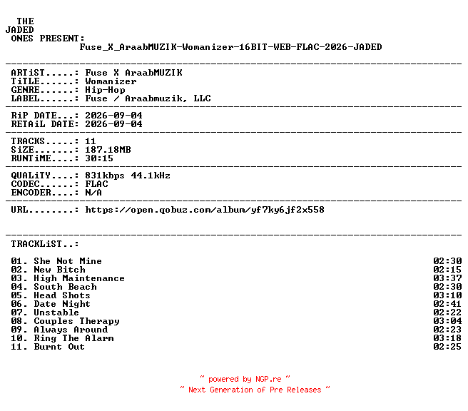 NFO for the release Fuse_X_AraabMUZIK-Womanizer-16BIT-WEB-FLAC-2026-JADED by JADED