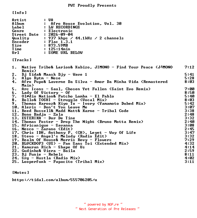 NFO for the release VA-Afro_House_Evolution_Vol._30-16BIT-WEB-FLAC-2026-PWT by PWT