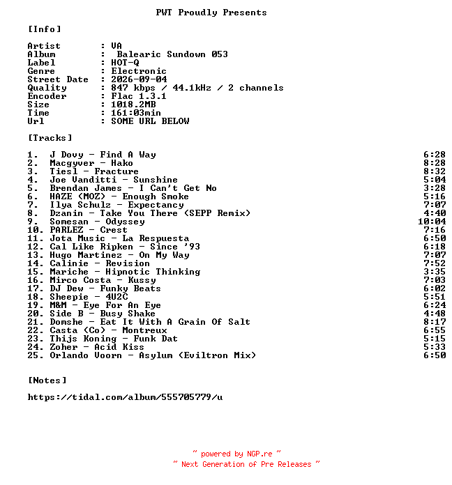 NFO for the release VA-Balearic_Sundown_053-16BIT-WEB-FLAC-2026-PWT by PWT