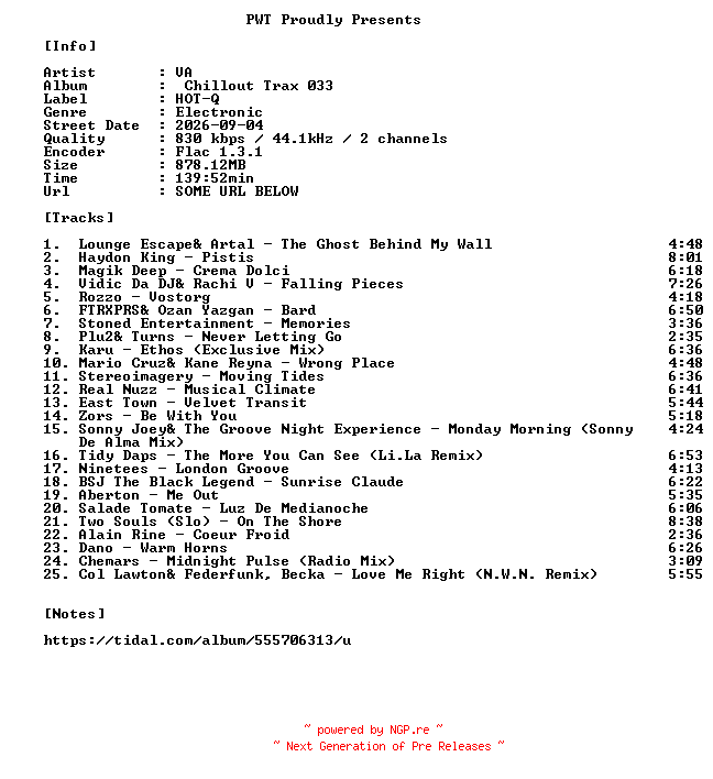 NFO for the release VA-Chillout_Trax_033-16BIT-WEB-FLAC-2026-PWT by PWT