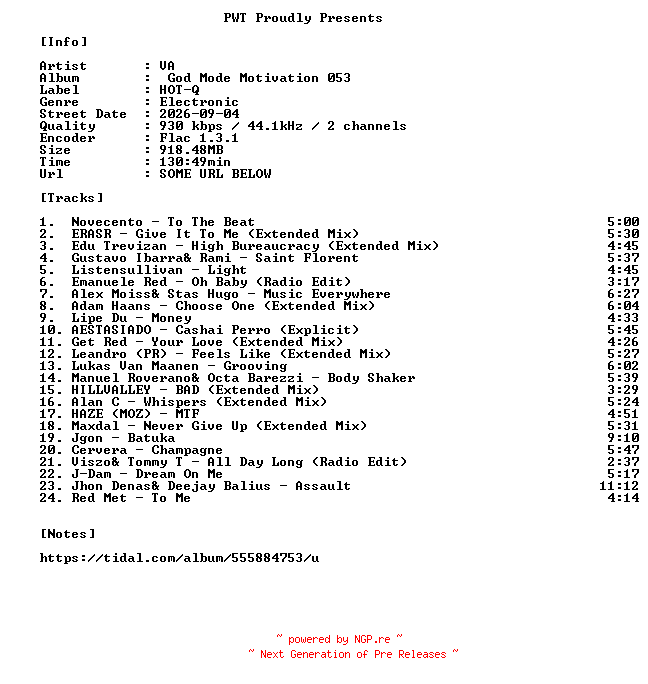 NFO for the release VA-God_Mode_Motivation_053-16BIT-WEB-FLAC-2026-PWT by PWT