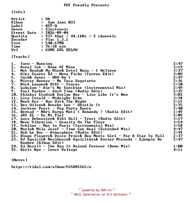 NFO for the release VA-Gym_Jams_033-16BIT-WEB-FLAC-2026-PWT by PWT