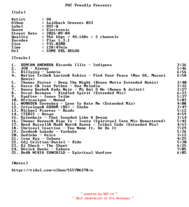 NFO for the release VA-Laidback_Grooves_033-16BIT-WEB-FLAC-2026-PWT by PWT