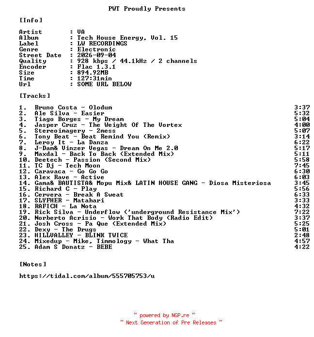 NFO for the release VA-Tech_House_Energy_Vol._15-16BIT-WEB-FLAC-2026-PWT by PWT