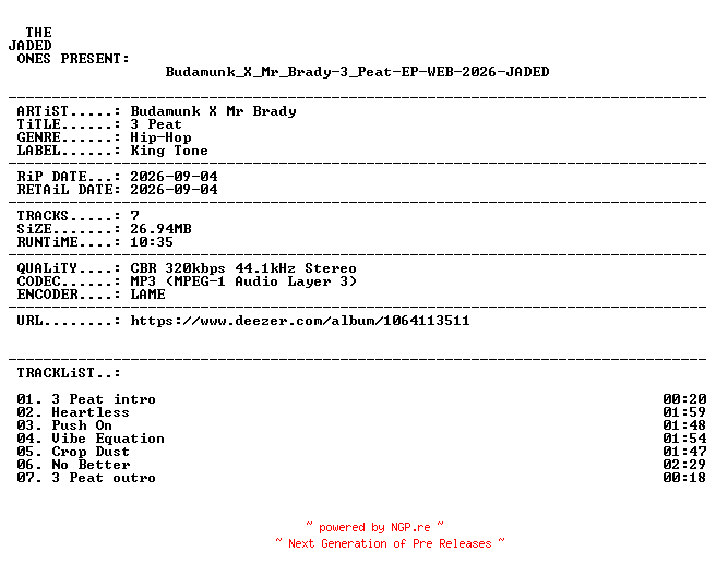 NFO for the release Budamunk_X_Mr_Brady-3_Peat-EP-WEB-2026-JADED by JADED