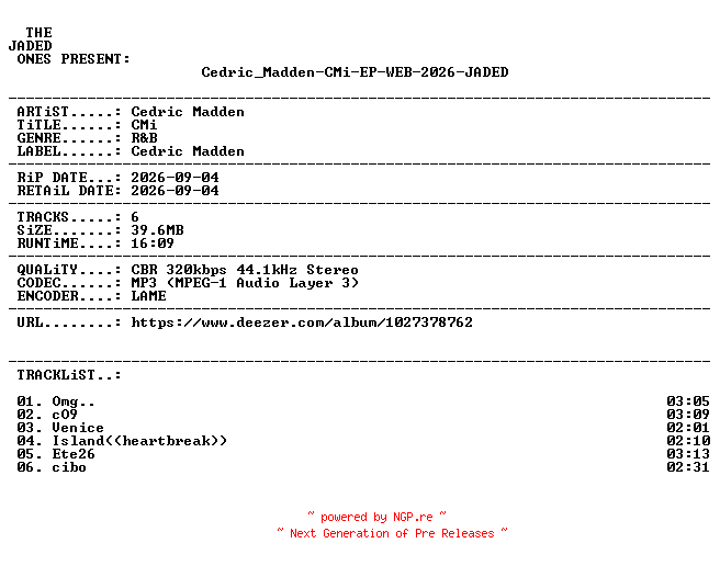 NFO for the release Cedric_Madden-CMi-EP-WEB-2026-JADED by JADED
