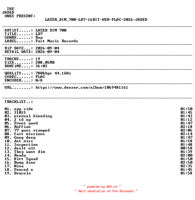 NFO for the release LAZER_DIM_700-LD7-16BIT-WEB-FLAC-2026-JADED by JADED