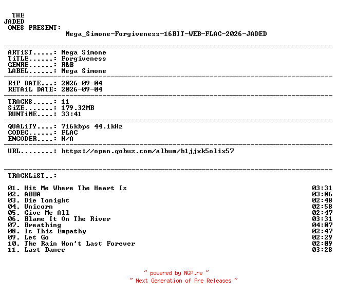 NFO for the release Mega_Simone-Forgiveness-16BIT-WEB-FLAC-2026-JADED by JADED