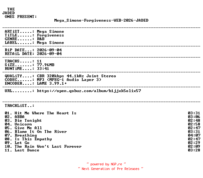 NFO for the release Mega_Simone-Forgiveness-WEB-2026-JADED by JADED