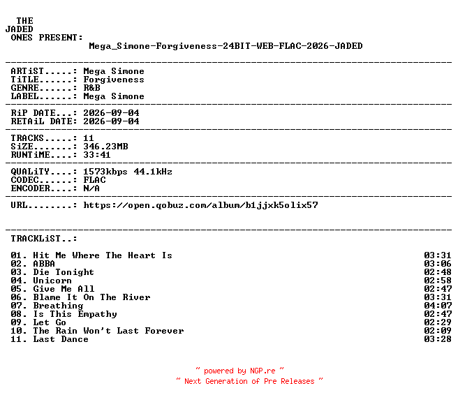 NFO for the release Mega_Simone-Forgiveness-24BIT-WEB-FLAC-2026-JADED by JADED