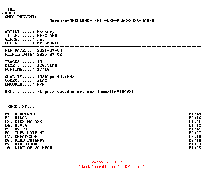 NFO for the release Mercury-MERCLAND-16BIT-WEB-FLAC-2026-JADED by JADED
