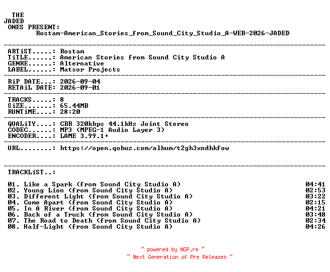 NFO for the release Rostam-American_Stories_from_Sound_City_Studio_A-WEB-2026-JADED by JADED