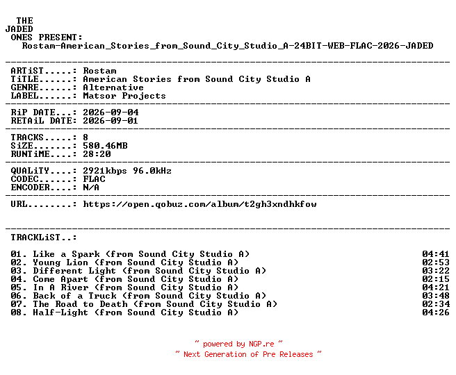 NFO for the release Rostam-American_Stories_from_Sound_City_Studio_A-24BIT-WEB-FLAC-2026-JADED by JADED