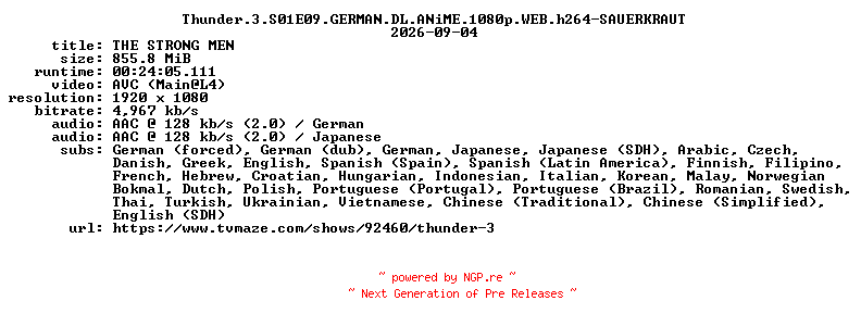NFO for the release Thunder.3.S01E09.GERMAN.DL.ANiME.1080p.WEB.h264-SAUERKRAUT by SAUERKRAUT