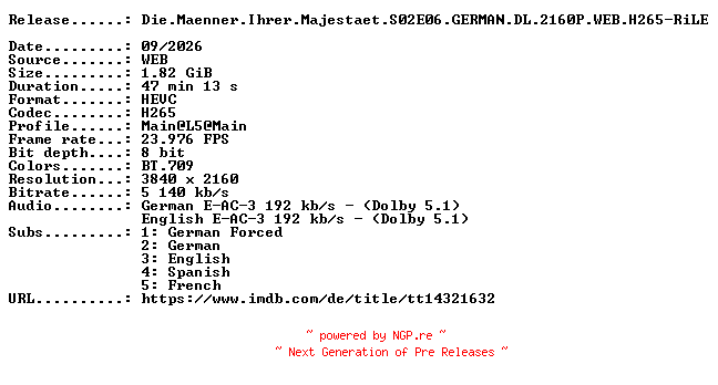 NFO for the release Die.Maenner.Ihrer.Majestaet.S02E06.GERMAN.DL.2160P.WEB.H265-RiLE by RiLE