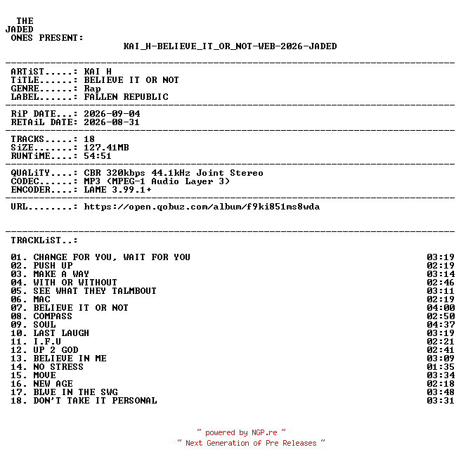 NFO for the release KAI_H-BELIEVE_IT_OR_NOT-WEB-2026-JADED by JADED