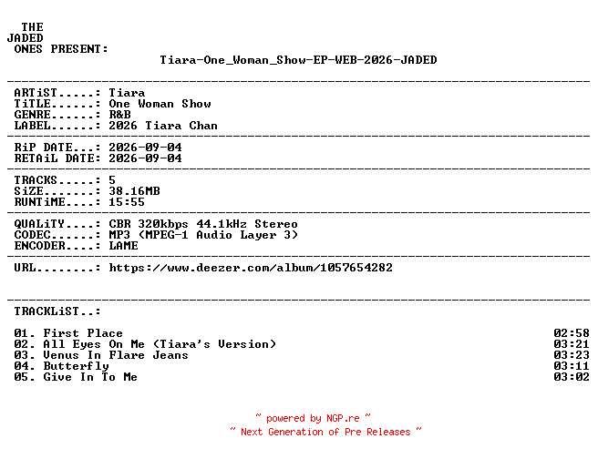 NFO for the release Tiara-One_Woman_Show-EP-WEB-2026-JADED by JADED