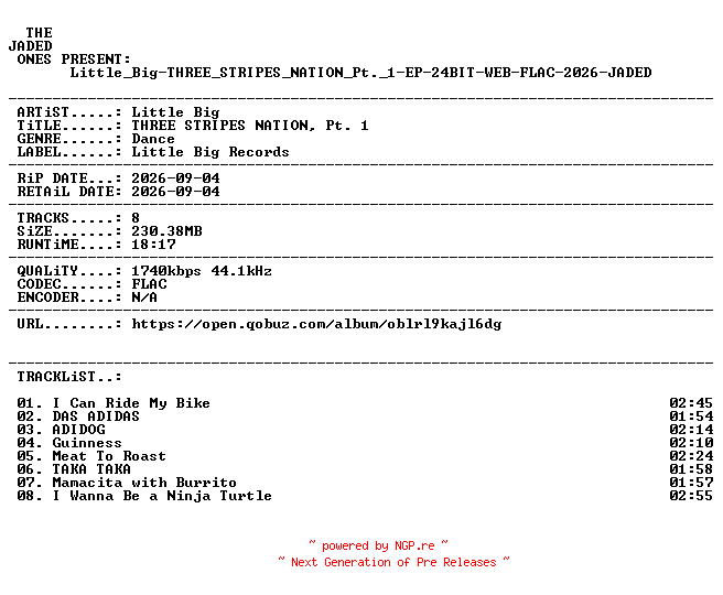NFO for the release Little_Big-THREE_STRIPES_NATION_Pt._1-EP-24BIT-WEB-FLAC-2026-JADED by JADED