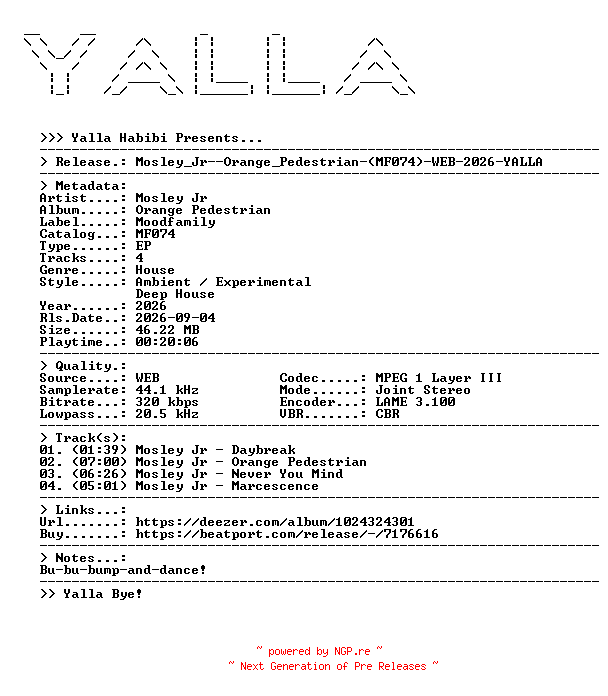 NFO for the release Mosley_Jr--Orange_Pedestrian-(MF074)-WEB-2026-YALLA by YALLA