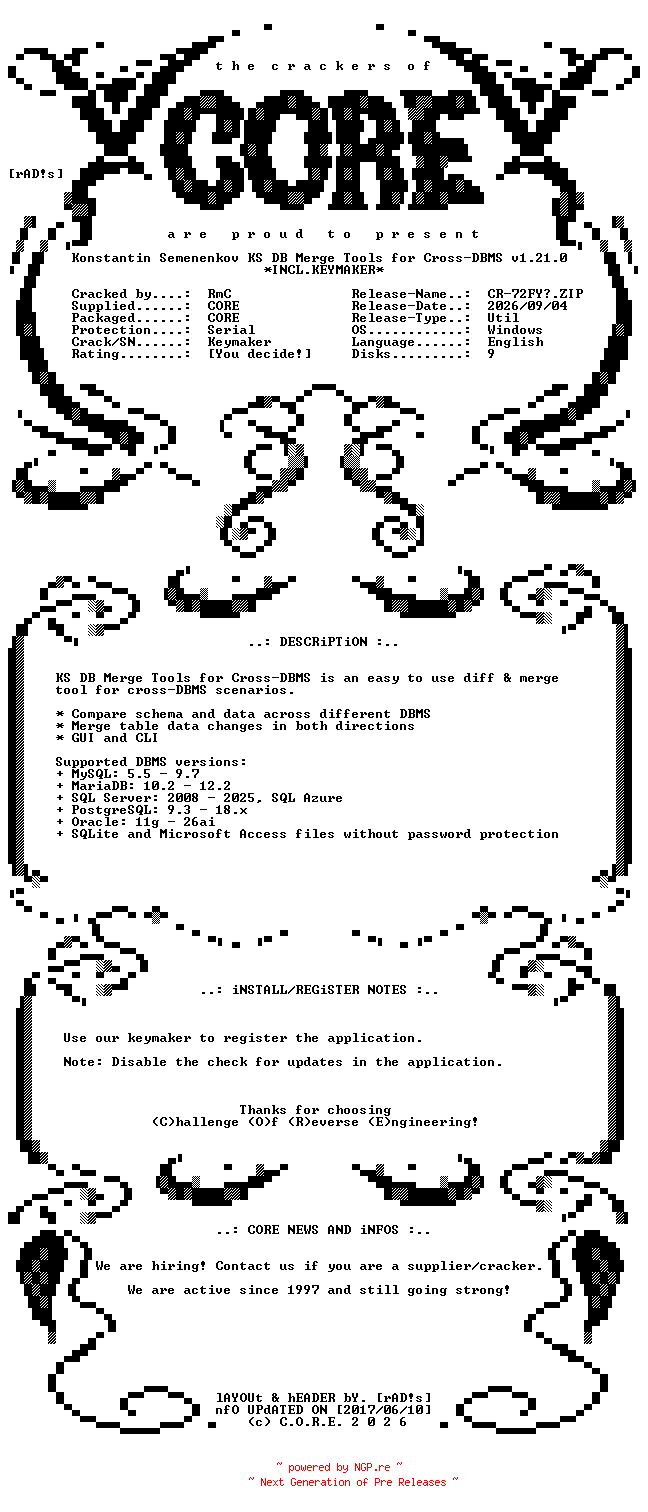 NFO for the release Konstantin.Semenenkov.KS.DB.Merge.Tools.for.Cross-DBMS.v1.21.0.Incl.Keymaker-CORE by CORE