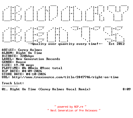 NFO for the release Corey_Holmes-Right_On_Time-(NGR480)-SINGLE-WEB-2026-BB by BB