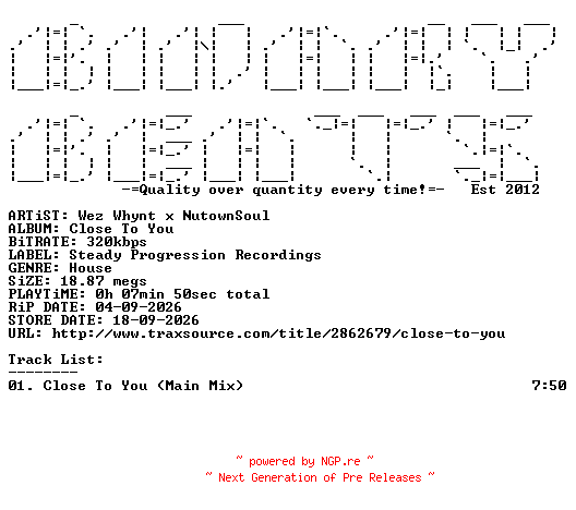 NFO for the release Wez_Whynt_x_Nutownsoul-Close_To_You-(SP003)-SINGLE-WEB-2026-BB by BB