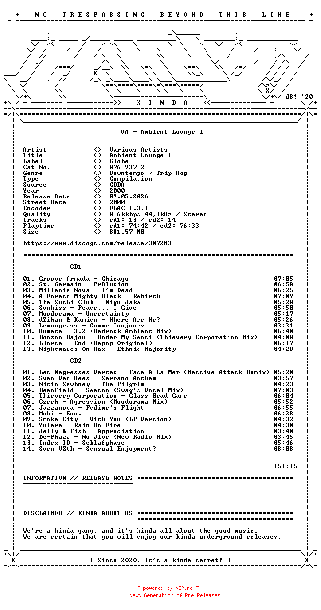 NFO for the release VA-Ambient_Lounge_1-(8769372)-2CD-FLAC-2000-KINDA by KINDA