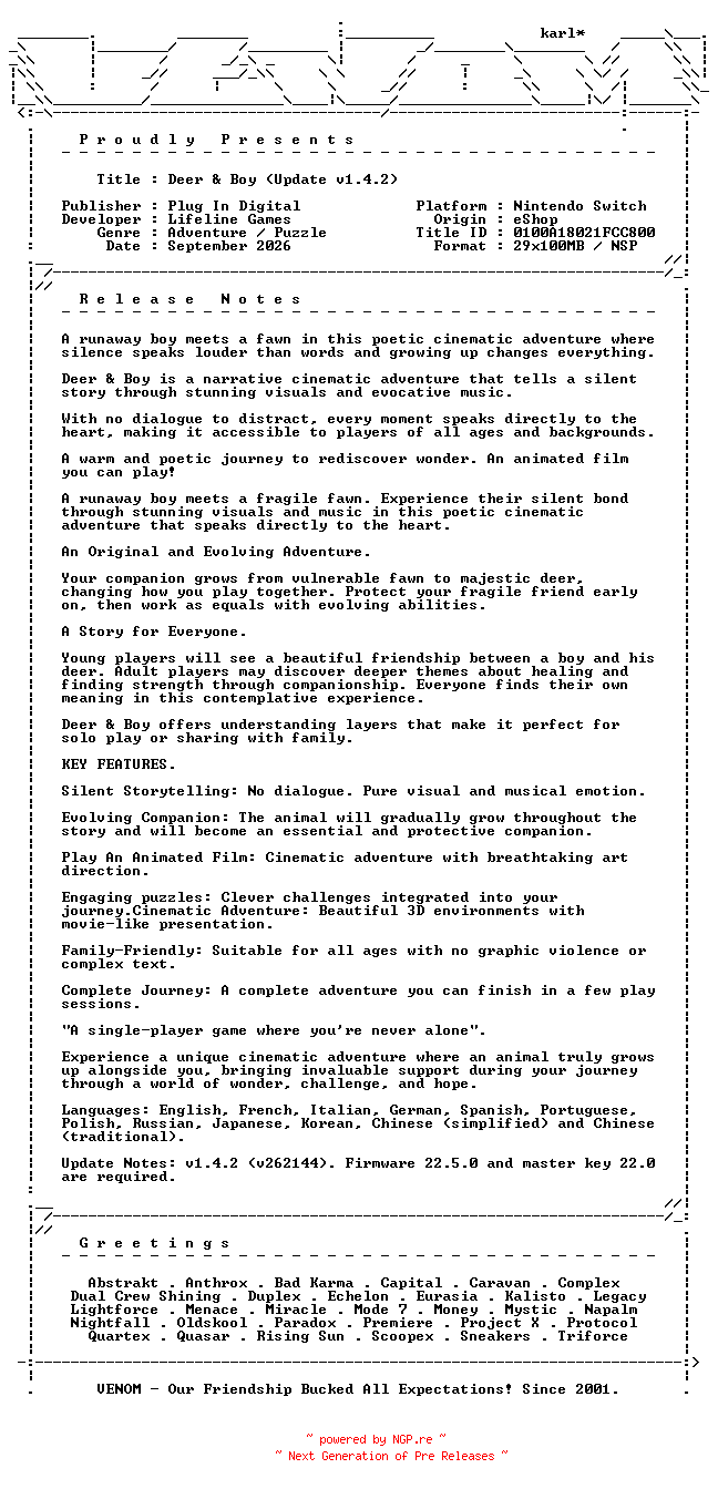 NFO for the release Deer_and_Boy_Update_v1.4.2_NSW-VENOM by VENOM