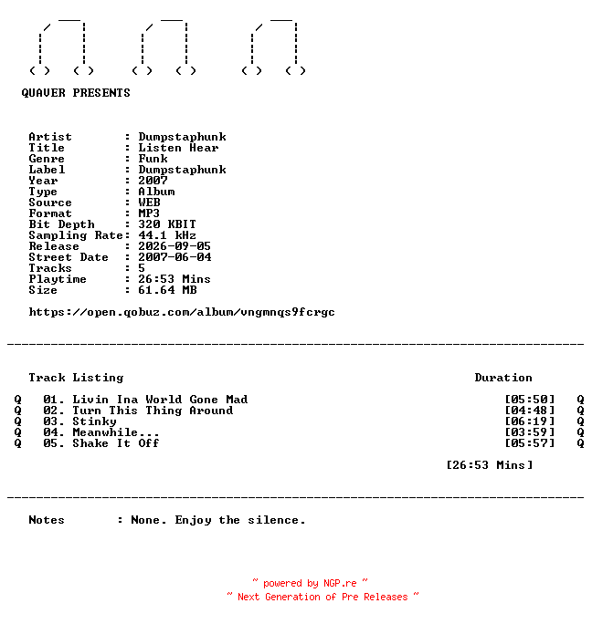 NFO for the release Dumpstaphunk-Listen_Hear-EP-WEB-2007-QUAVER by QUAVER