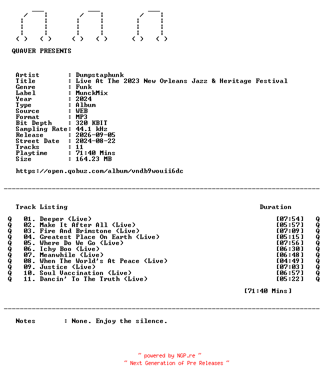 NFO for the release Dumpstaphunk-Live_At_The_2023_New_Orleans_Jazz_and_Heritage_Festival-WEB-2024-QUAVER by QUAVER