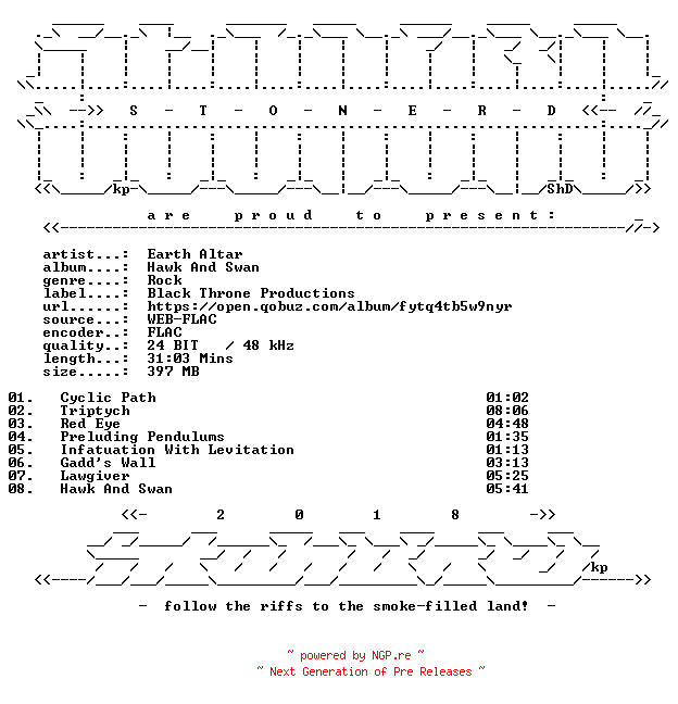 NFO for the release Earth_Altar-Hawk_And_Swan-24BIT-WEB-FLAC-2026-STONERD by STONERD