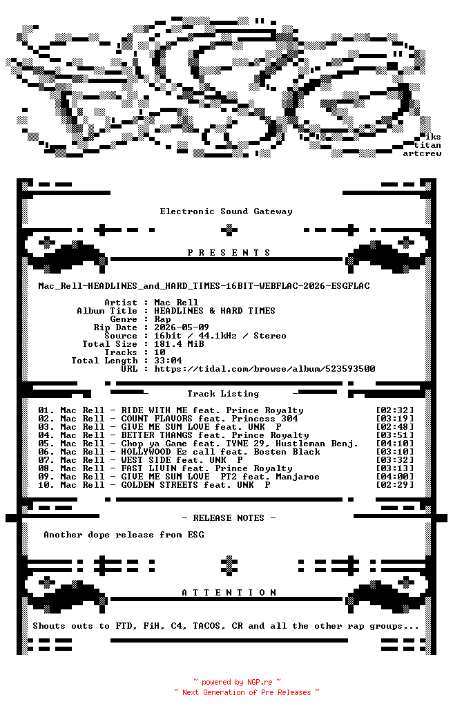 NFO for the release Mac_Rell-HEADLINES_and_HARD_TIMES-16BIT-WEBFLAC-2026-ESGFLAC by ESGFLAC