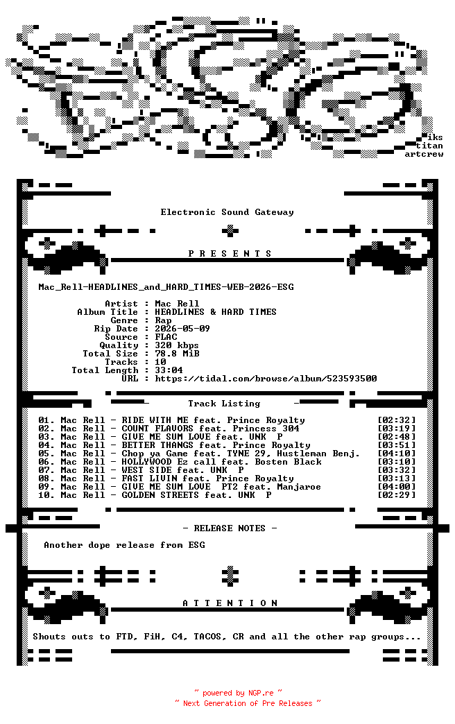 NFO for the release Mac_Rell-HEADLINES_and_HARD_TIMES-WEB-2026-ESG by ESG