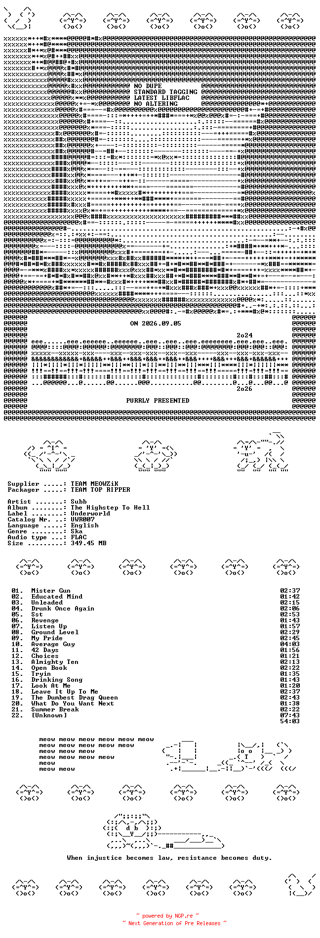 NFO for the release Subb--The_Highstep_To_Hell-CD-FLAC-1997-MEOWZiK by MEOWZiK