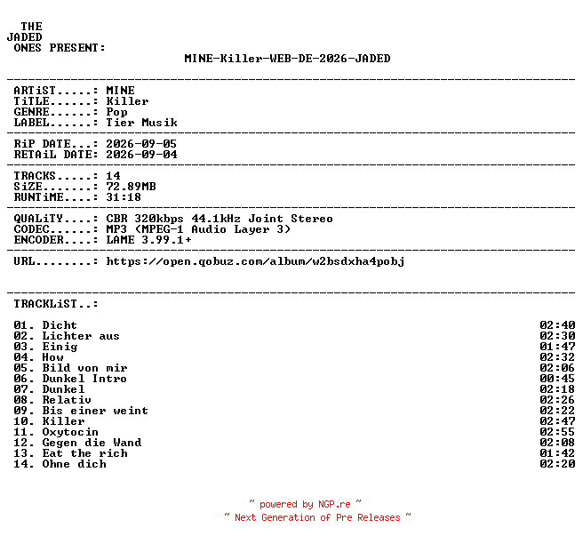NFO for the release MINE-Killer-WEB-DE-2026-JADED by JADED