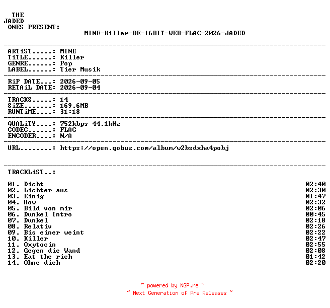 NFO for the release MINE-Killer-DE-16BIT-WEB-FLAC-2026-JADED by JADED