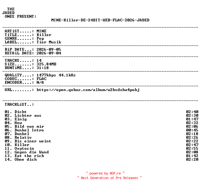 NFO for the release MINE-Killer-DE-24BIT-WEB-FLAC-2026-JADED by JADED