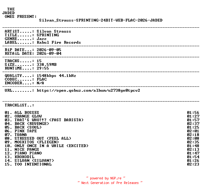 NFO for the release Silvan_Strauss-SPRINTING-24BIT-WEB-FLAC-2026-JADED by JADED