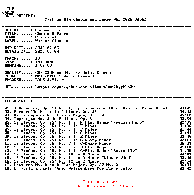 NFO for the release Saehyun_Kim-Chopin_and_Faure-WEB-2026-JADED by JADED